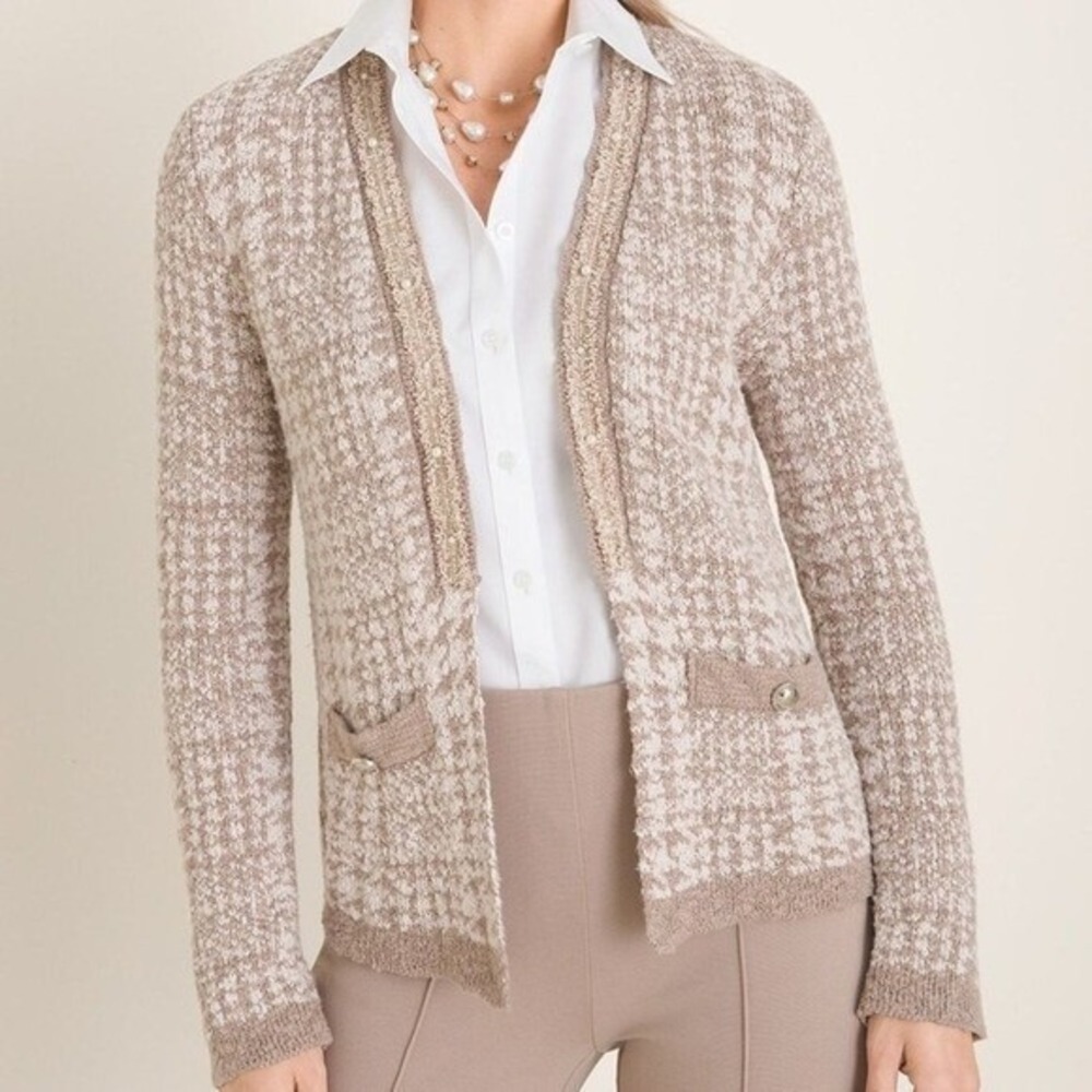 Chicos‎ Sweater Sz Lg Novelty Yarn Detail Cardigan Taupe Heather Neutral